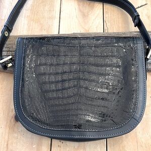 Authentic Navy Blue Alligator & Leather Handbag Shoulder-Bag Purse- 90s Luxury